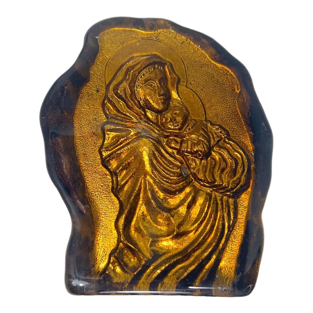 St. Joseph With Baby Jesus Etched 3D Bronze Look Glass Paperweight - Picture 10 of 10